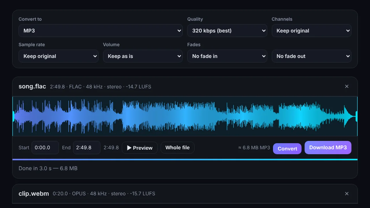 Audio converter with waveform trimming, format and loudness settings