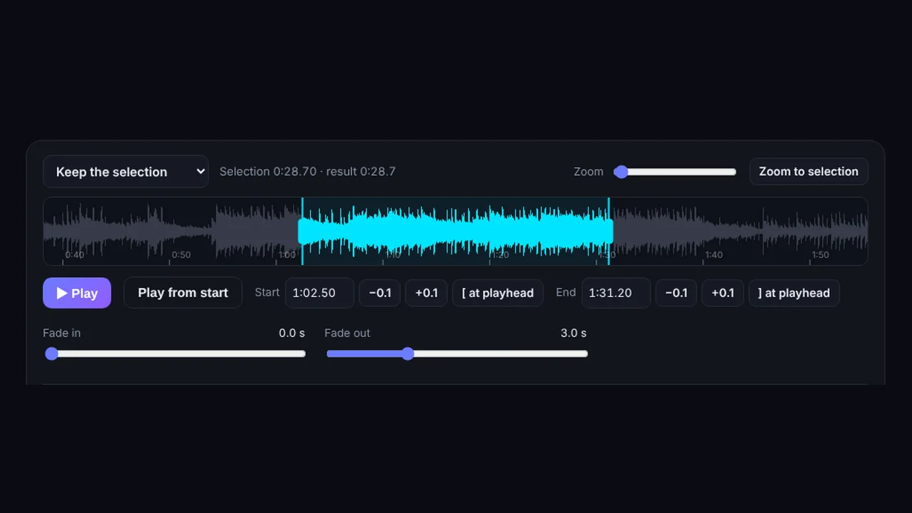 Audio cutter with a zoomable waveform, selection handles and start and end times