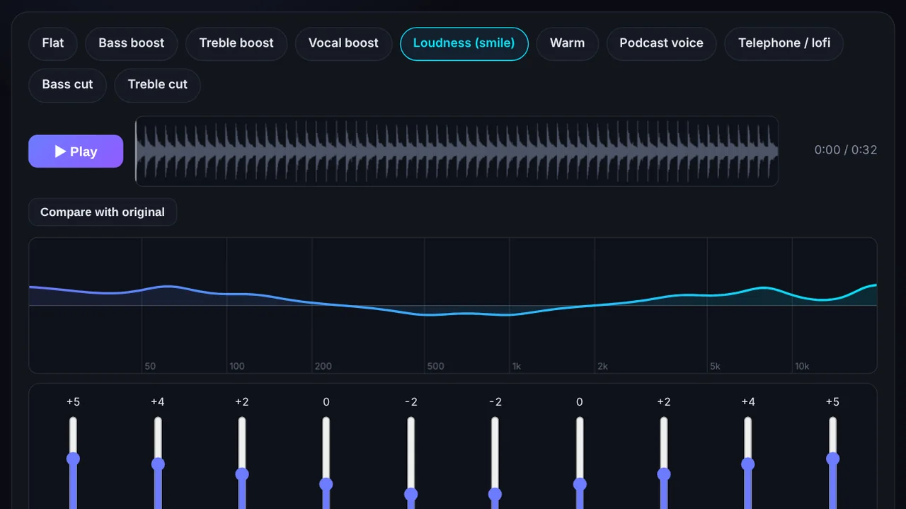 10-band audio equalizer with a frequency-response curve and presets