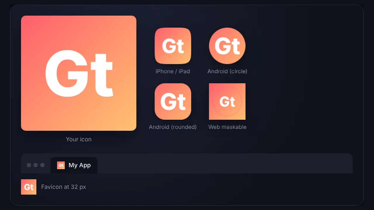 App icon previews in iPhone, Android and browser tab shapes