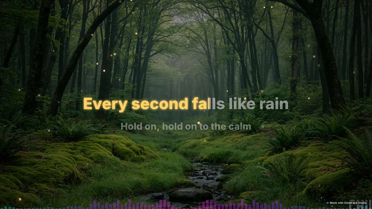 Lyric video with karaoke-style highlighted lyrics over a forest background