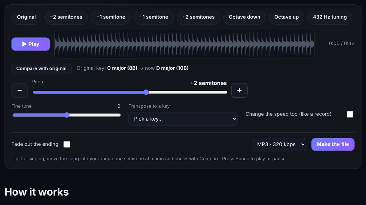 Pitch changer with semitone controls, detected key and waveform