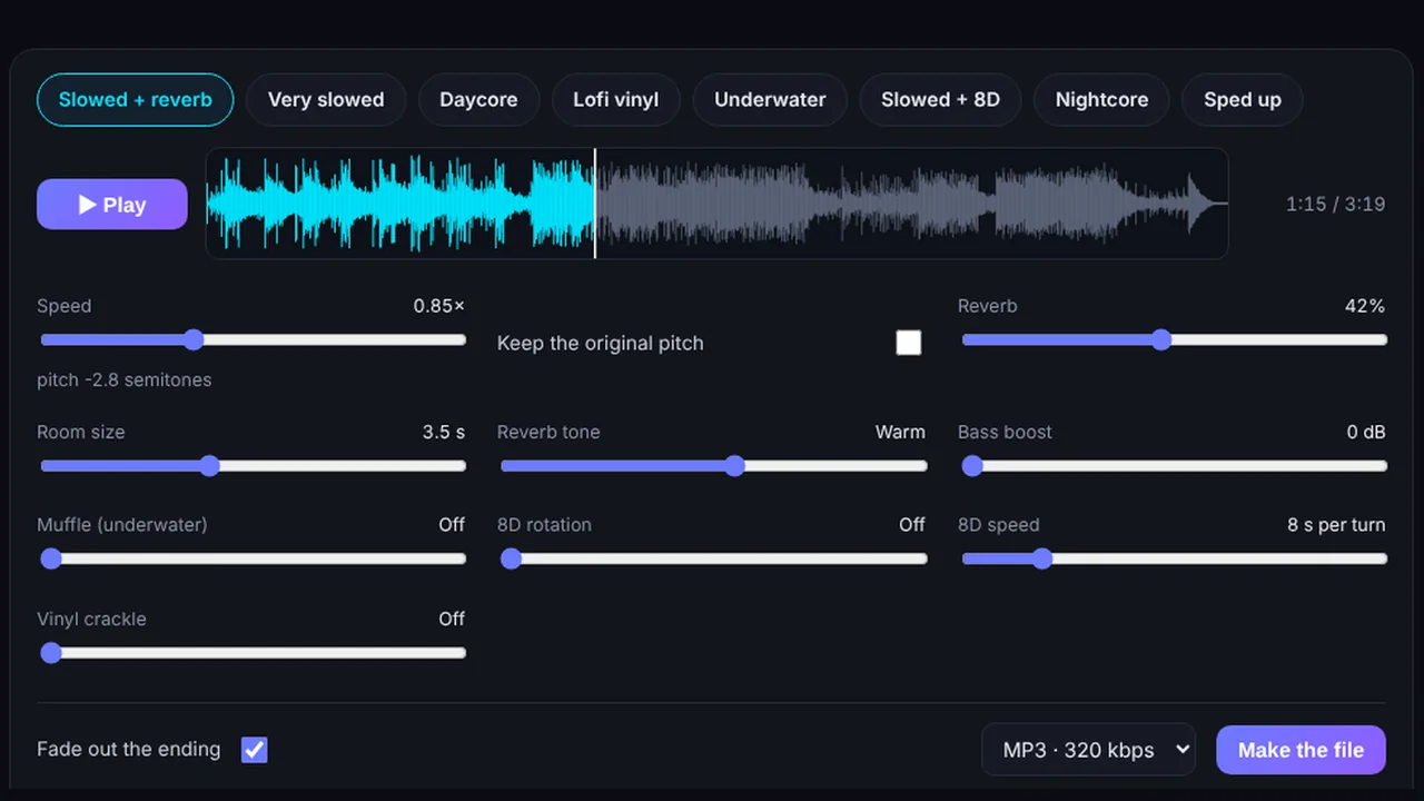 Slowed and reverb maker with presets, waveform and effect sliders
