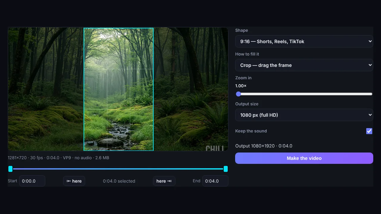 Video cropper turning a landscape video into a vertical 9:16 frame